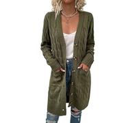 Cardigan Femme,Cardigan À Manches Longues pour Femme Pull Léger Boutonné Col en V Tricot Côtelé Ouvert sur Le Devant avec Poche Veste De Transition Vert Militaire Taille M