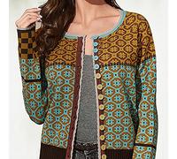 Cardigan Femme, Cardigan Tricoté Vintage Ocre À Motif Ethnique, Col Rond, Boutonné, Manches Longues, Ouvert sur Le Devant, Pull Ample, Court, Automne