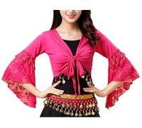 Cardigan Femme Chic,Haut De Danse Orientale pour Femme Orné De Paillettes et De Pièces De Monnaie avec Pompons. Costume De Danse Orientale Court À Nouer sur Le Devant. Boléro en Dentelle pour La