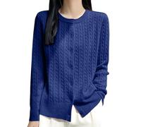 Cardigan Femme Col Rond Manches Longues Tricoté Doux Boutons Léger Sweatshirt Long Manteau Tricoté Été Veste Épaule Haut Manteau Fin Couleur Unie, bleu foncé, M