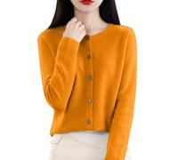 Cardigan Femme Col Rond Printemps Automne Hiver Manches Longues Tricoté Couleur Unie Doux Boutons Léger Sweatshirt Long Manteau Tricoté, Orange, XL