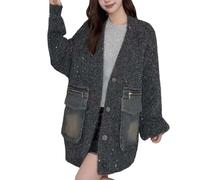 Cardigan Femme Long Gilet Tricoté Loose Veste Automne Hiver avec Poches en Jean Patchwork Maille Élégante Décontractée V-Neck Boutons Mode Pull Manteau Chaud Polyvalent