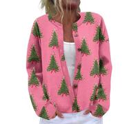 Cardigan Femme Noel Manche Longue, Vetement Noel Femme Impression Bouton Col Rond, Cardigans Casual Unique Hauts Chic Classique Rose Vif XL