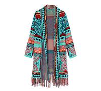 Cardigan Femme,Vintage Sarcelle Style Ethnique Chunky Cardigan À Manches Longues Gland Tricoté Pull Manteau Bohème Garder Au Chaud Survêtement Cardigan Mi-Long pour Femme, M