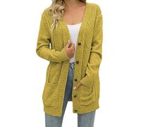 Cardigan Femmes Pull tricoté Couture Manches Longues Chandail Casual Chaud en Hiver Outwear Décontracté Tricoté Sweaters de Poche Pull Casual Gilet Boutons à Ouvert (Yellow, XL)