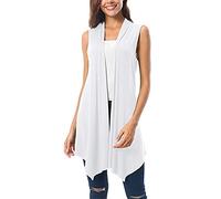 Cardigan fin sans manches - Cardigan long drapé sur le devant - Gilet ouvert pour le printemps, l'automne et l'été - Veste tunique légère et ouverte, Blanc., XL