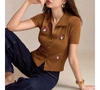 Cardigan floral marron avec fleurs brodées, col à revers, tricot côtelé, automne, Halloween, rentrée scolaire, église, rétro vintage français des années 70 L,M,S,XL,XSFloralTricots