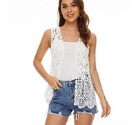 Cardigan gilet sans manches ouvert sur le devant en dentelle florale au crochet avec bordure bohème pour femme, One Size