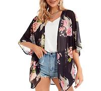 Cardigan kimono ample à manches bouffantes pour femme - Imprimé floral, Imprimé floral oiseau, Taille S