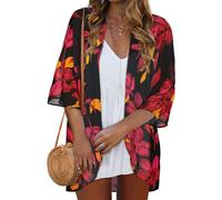 Cardigan kimono décontracté pour femme - Haut d'été ouvert sur le devant - Imprimé floral, Fleur rouge noire, Taille XL
