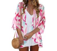 Cardigan kimono décontracté pour femme - Haut d'été ouvert sur le devant - Imprimé floral, Imprimé rose blanc, Medium