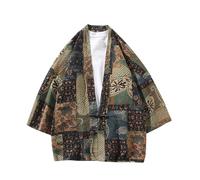 Cardigan kimono pour homme - Vêtements traditionnels japonais - Imprimé ethnique - Design rétro à un bouton - Fin et léger - En coton - Pour homme - Printemps et été, café, XL