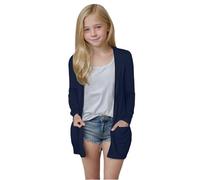 Cardigan léger à manches longues pour fille - Pull surdimensionné décontracté ouvert sur le devant, manteau d'extérieur doux avec poches, idéal pour les temps doux (bleu marine, 9-10 ans)