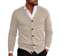 Cardigan léger pour homme, élégant, décontracté, doux et confortable, col en V, boutons, pull en tricot, coupe ajustée, manches longues, pull thermique en tricot avec poches, beige, S