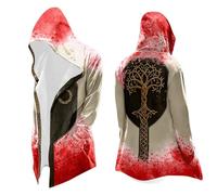 Cardigan long à capuche pour homme avec arbre du monde - Manteau asymétrique avec motif Yggdrasil - Cape nordique de style viking, Style_d01 rouge, 4XL