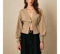 Cardigan long à encolure en V fendu aux manches longues élégant avec boucle métallique de couleur unie pour femmes L,M,S,XSUnicoloreLaine peignée