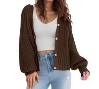 Cardigan long décontracté pour femme, coupe ouverte, grande taille, taille haute, en laine avec fermeture éclair quart de longueur, pour le week-end, taille haute, 2026, café, S