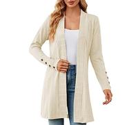 Cardigan long décontracté pour femme - Longueur moyenne - Couleur unie - Avec boutons - Automne - Manches longues - Veste fine et légère - Manteau en tricot chaud et élégant, beige, L