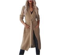 Cardigan long en coton ample pour femme, manteaux légers avec ceinture, poches côtelées, cardigan ouvert sur le devant, cardigan solide pour petit ami, kimono confortable, grande taille, Kaki #02, S