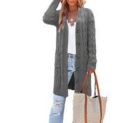 Cardigan Long en Tricot Torsadé pour Femmes Pull à Manches Longues Ouvert Et à Boutons VêTements D'ExtéRieur en Tricot Solide avec Poche (Gris,M)