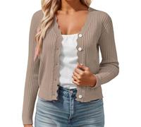 Cardigan long et court en tricot pour femme avec col en coquillage, élégant, léger, confortable, décontracté, coupe ample, haut superposé pour le printemps et l'automne, kaki, M