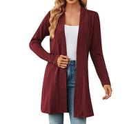 Cardigan long et élégant pour femme - En coton - Ouvert sur le devant - Structure unie - Cardigan en tricot - Coupe cintrée - Col cascade - Confortable, Bordeaux, L