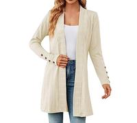 Cardigan long et élégant pour femme - En coton - Ouvert sur le devant - Structure unie - Cardigan en tricot - Coupe cintrée - Col cascade - Confortable, beige, S