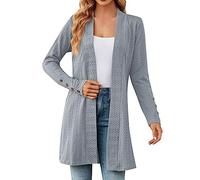 Cardigan long et élégant pour femme - En coton - Ouvert sur le devant - Structure unie - Cardigan en tricot - Coupe cintrée - Col cascade - Confortable, gris, M