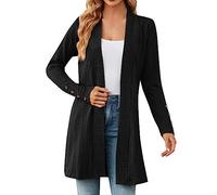 Cardigan long et élégant pour femme - En coton - Ouvert sur le devant - Structure unie - Cardigan en tricot - Coupe cintrée - Col cascade - Confortable, Noir , S