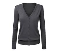 Cardigan long pour femme avec boutons - Avec col en V - Classique - Manches longues - Élégant - Couleur unie - Manteau chaud de mi-saison, gris foncé, XXL