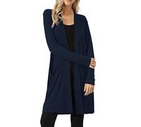 Cardigan long pour femme - Col en V - Cardigan fin - Cardigan léger - Doux - Couleur unie - Avec poche - Élégant et ample - Manteau en tricot ouvert à l'avant, Marine, M