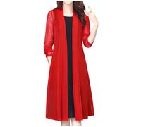 Cardigan long pour femme en maille légère et transparente à manches longues ouvert sur le devant, veste longue, vêtements de plage, boléro pour robe de soirée, Rouge 2, 4XL