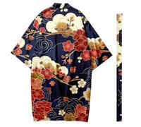 Cardigan Long pour Homme avec Ceinture, Veste Kimono Légère à Sept Manches, Manteau Ouvert sur Le Devant, Peignoir de Style Japonais,Blue-4XL