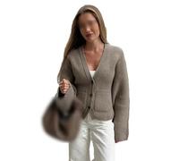 Cardigan Monopetto Con Scollo A V Solido, Tasche A Maniche Lunghe Da Donna, Maglione Sottile Con Impunture Trapuntate E Arricciate