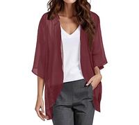 Cardigan Mousseline Boléro Femme Court Soie Gilet Été Chic et Elegant 3/4 à Manches Évasées Boléro Veste Léger Plage Châle pour Robe T Shirt Décontracté Soirée Cérémonie Cardigan Manches Longues