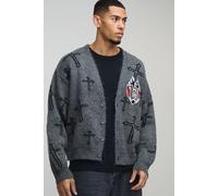 Cardigan oversize en maille brossée à imprimé croisé homme - gris - M, gris