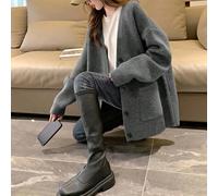 Cardigan oversized à épaules tombantes, cardigan ample à col en V pour dames, pour un week-end à la fin de l'automne, poches, gris unicolore, porté au quotidien, manches longues L,M,S,XLUnicoloreLaine