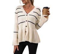 Cardigan péplum rayé pour Femme, col en V, boutonné, Pull en Tricot décontracté à Manches Longues, Ouvert sur Le Devant