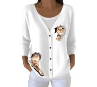 Cardigan pour femme avec motif de chat amusant - Cardigan en tricot avec boutonnière et chats curieux - Haut charmant pour les amoureux des chats, Style_x03 Blanc, XL