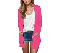 Cardigan pour femme, cardigan boutonné, haut ample en tricot boutonné confortable et polyvalent pour sortir, décontracté, manches longues, col en V, pull élégant pour l'automne avec poches, rose vif