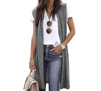 Cardigan pour Femme, Cardigan Mi-Long sans Manches Ouvert sur Le Devant pour Femme, Blazer Uni, Gilet Fendu sur Le Côté, Veste Longue et Flottante, Manteau Cardigan, Haussement D'Épaules