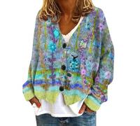 Cardigan pour femme, décontracté, imprimé floral, manches longues, col en V, ouvert sur le devant, léger et ample, 1A-Bleu, L