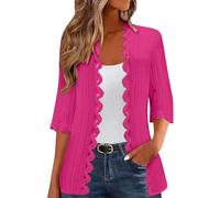 Cardigan pour femme ouvert sur le devant en dentelle à manches 3/4 - Pull élégant de couleur unie - Pull long et léger - Pull de plage creux - Chemisier quotidien élégant, rose vif, 3XL
