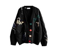 Cardigan pour Femmes à Manches Longues en Maille torsadée, Ouverture Devant, col en V en Forme de Mouton, Fermeture à Boutons, Pull Manteau en mélange de Laine avec Broderie, vêtement d’extérieur