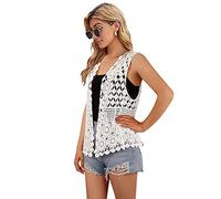 Cardigan pour femmes avec encolure crochetée florale en dentelle Boho sans manches ouvert devant, Blanc, Taille unique