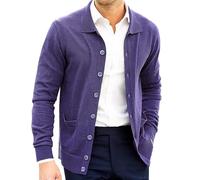 Cardigan pour homme de couleur unie, style décontracté, col à revers, cardigan tendance à simple boutonnage, manteau léger ouvert sur le devant avec poches, haut de travail solide, violet, 4XL
