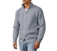 Cardigan pour homme - Double fermeture éclair - Couleur unie - Col montant - Veste en tricot fin - Veste d'hiver légère et chaude - Pull tricoté - Pull d'hiver, O gris., 4XL