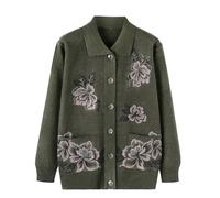 Cardigan pour Vieille Dame avec Boutons Pull pour Femme D'Âge Moyen et Âgée Tricot Vintage en Jacquard Vêtements De Grand Mère Col Polo Manches Longues Veste De Transition Vert Foncé L