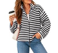 Cardigan rayé à capuche zippé sur le devant pour femme, manches longues | Couche en tricot polyester avec rayures horizontales, fermeture éclair intégrale sur le devant, capuche et deux poches avant