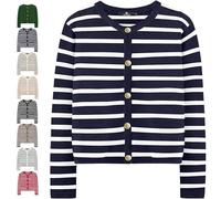 Cardigan rayé pour femme, manteau court en tricot ouvert sur le devant boutonné avec poches, bleu marine, XL